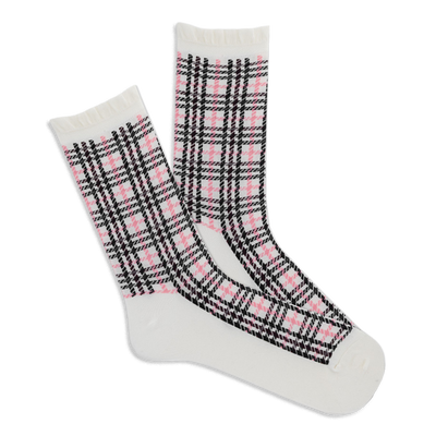 Pair of white crew socks with a pink and black plaid pattern and ruffled cuffs, angled on a white background.