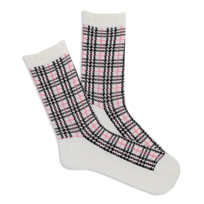 Pair of white crew socks with a pink and black plaid pattern and ruffled cuffs, angled on a white background.