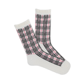 Pair of white crew socks with a pink and black plaid pattern and ruffled cuffs, angled on a white background.