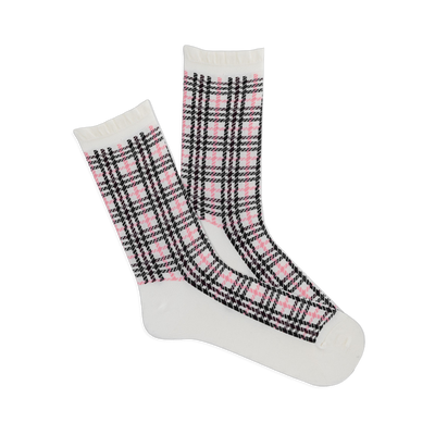 Pair of white crew socks with a pink and black plaid pattern and ruffled cuffs, angled on a white background.