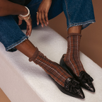 Brown Modal Plaid socks with white & black lines, scrunched style, and ruffled top edge.