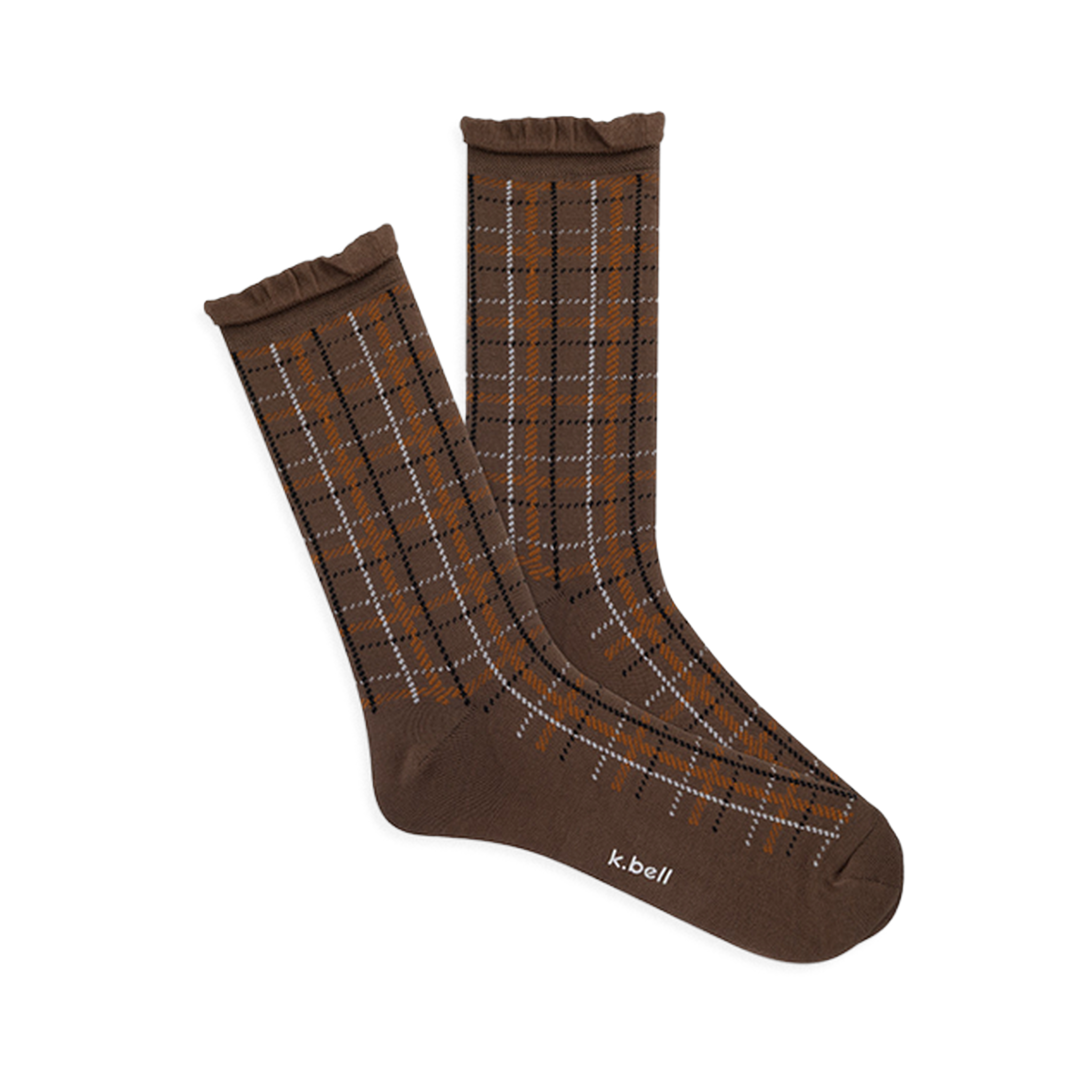 Pair of brown crew socks with orange, white, and black plaid, ruffled cuffs, and 'k.bell' logo on the sole.