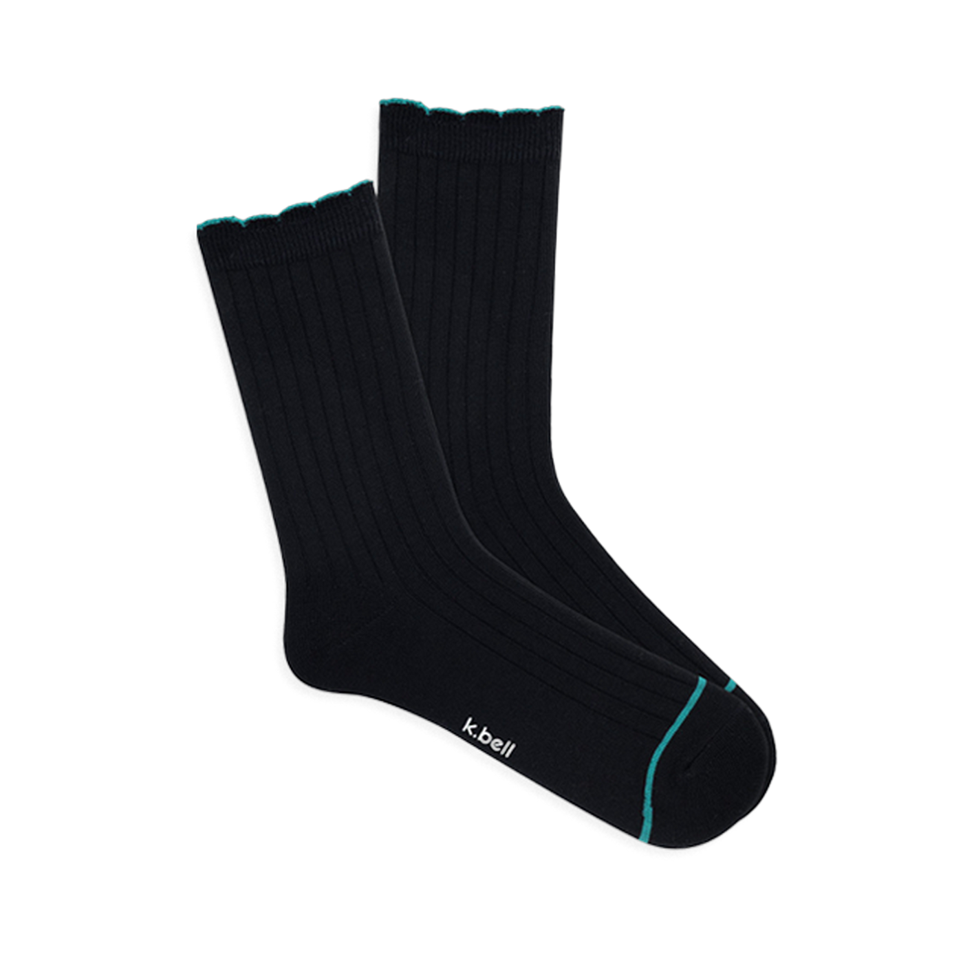 Pair of black ribbed wool blend crew socks with a teal scalloped cuff and a thin teal line on the toe, laid flat.