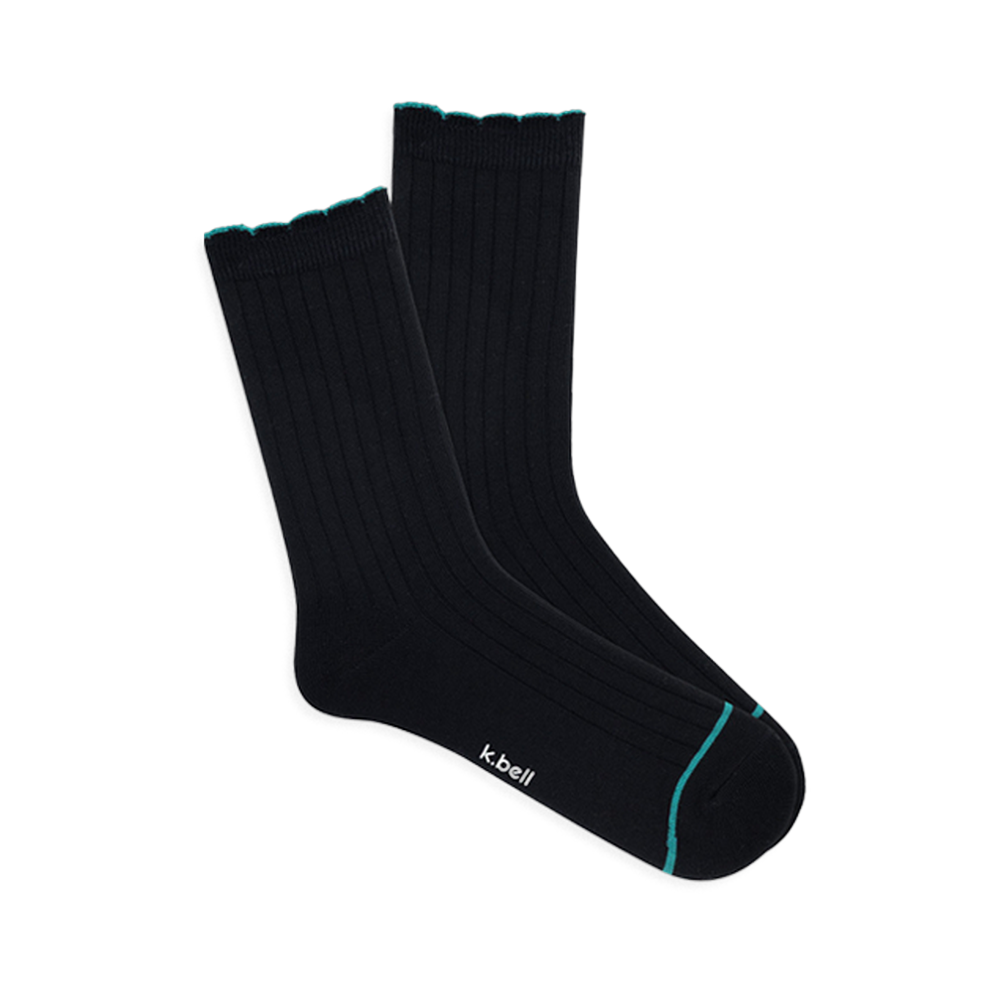 Pair of black ribbed wool blend crew socks with a teal scalloped cuff and a thin teal line on the toe, laid flat.