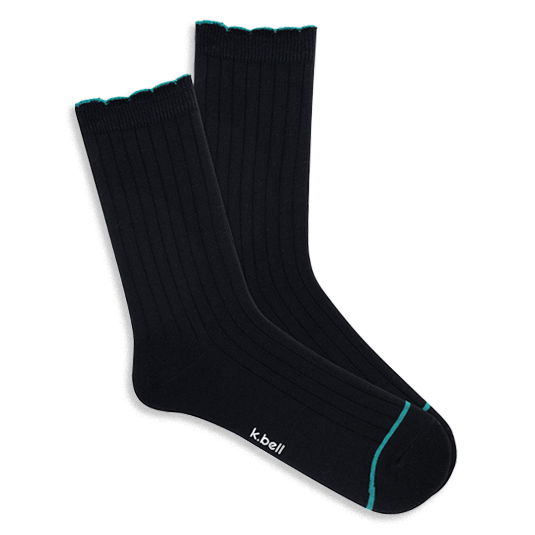 Pair of black ribbed wool blend crew socks with a teal scalloped cuff and a thin teal line on the toe, laid flat.