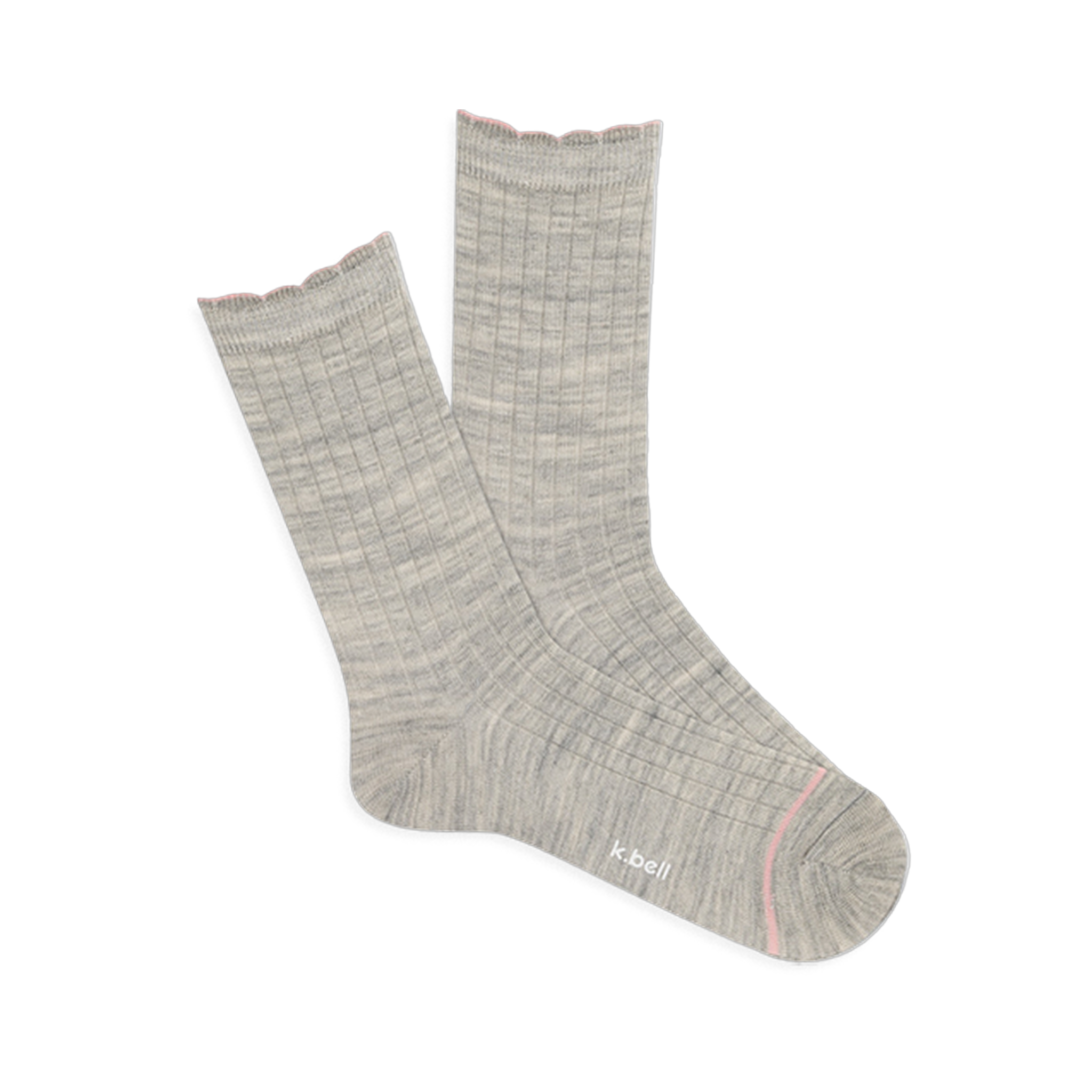 Pair of light grey ribbed wool blend crew socks with a pink scalloped cuff and a thin pink line on the toe, laid flat.