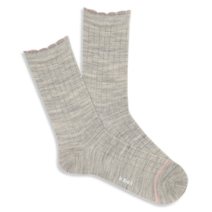 Pair of light grey ribbed wool blend crew socks with a pink scalloped cuff and a thin pink line on the toe, laid flat.