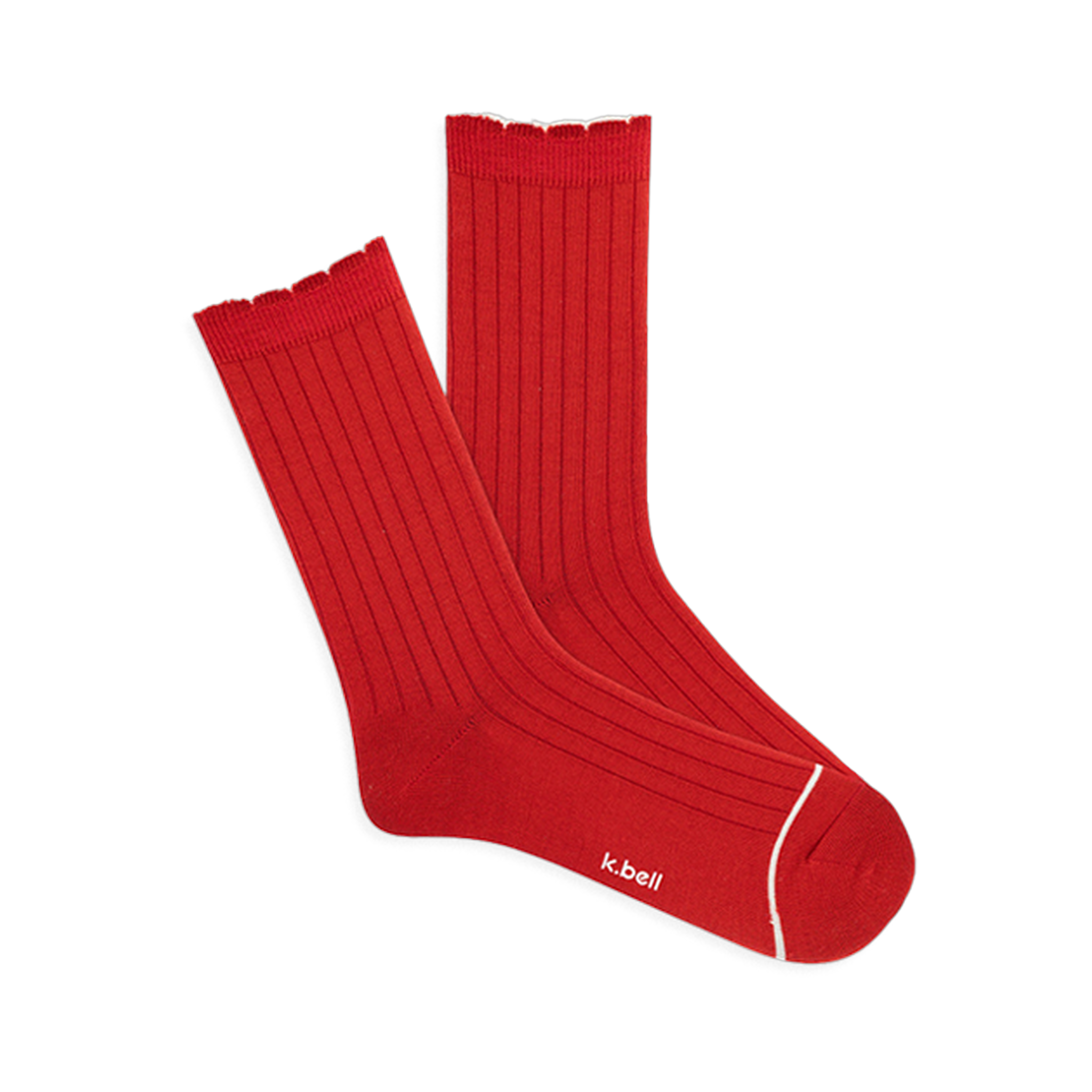 Pair of bright red ribbed wool blend crew socks with a red scalloped cuff and a thin white line on the toe, laid flat.