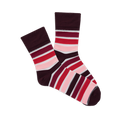 Pair of microfiber crew socks with maroon base and horizontal stripes in shades of red, pink, and translucent white.