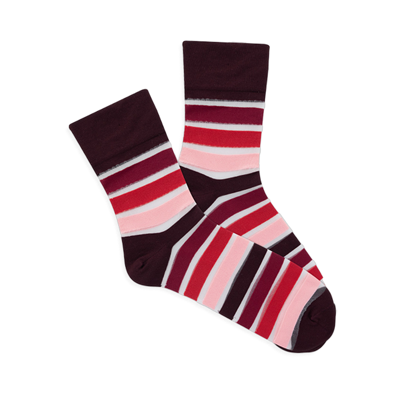 Pair of microfiber crew socks with maroon base and horizontal stripes in shades of red, pink, and translucent white.