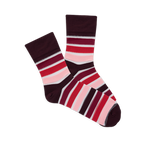 Pair of microfiber crew socks with maroon base and horizontal stripes in shades of red, pink, and translucent white.