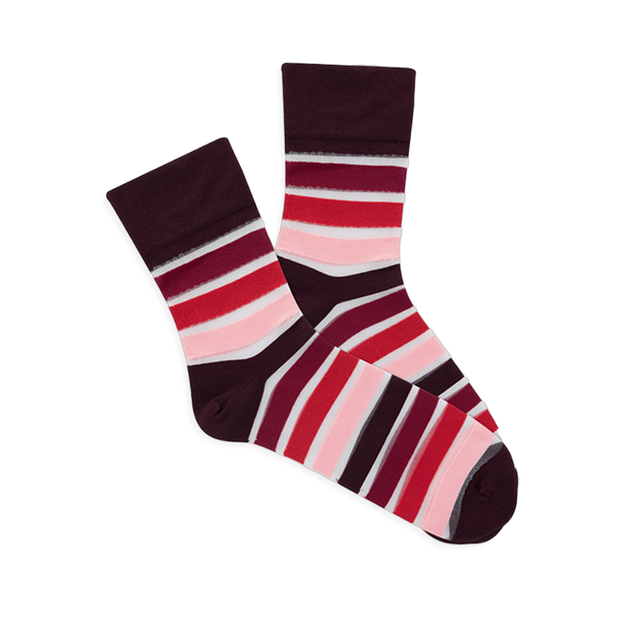 Pair of microfiber crew socks with maroon base and horizontal stripes in shades of red, pink, and translucent white.