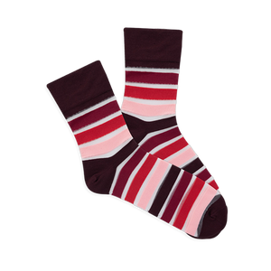Pair of microfiber crew socks with maroon base and horizontal stripes in shades of red, pink, and translucent white.