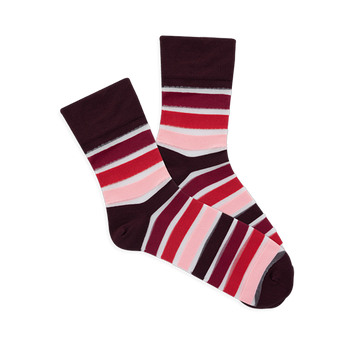 Pair of microfiber crew socks with maroon base and horizontal stripes in shades of red, pink, and translucent white.
