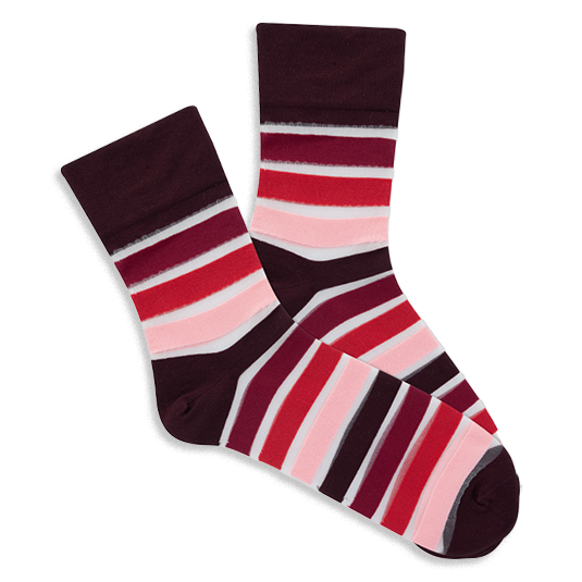 Pair of microfiber crew socks with maroon base and horizontal stripes in shades of red, pink, and translucent white. }}