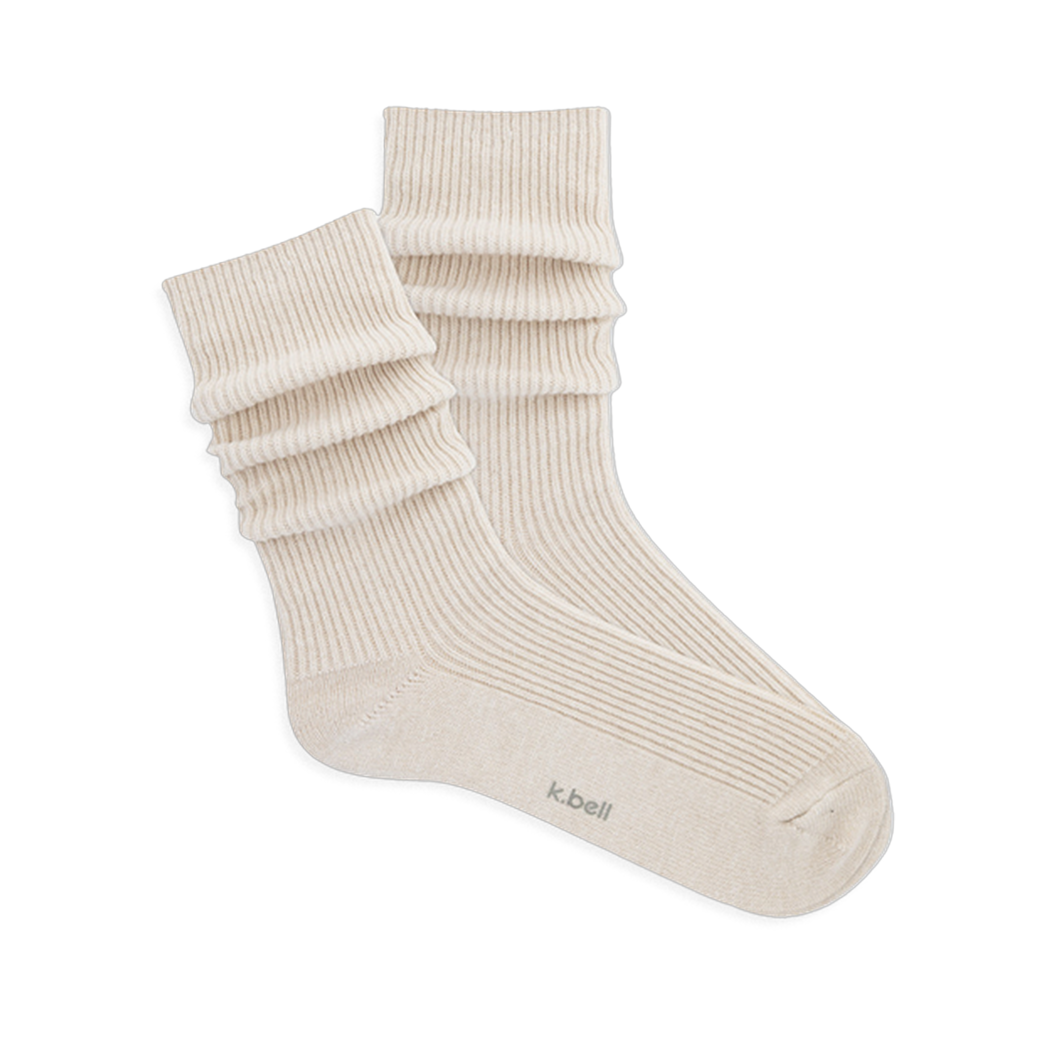 Pair of ribbed, slouchy crew socks in an off-white or cream color, shown on a black background. 'k.bell' logo visible on sole.