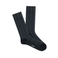 Pair of dark grey crew socks with a vertical pointelle knit pattern, featuring alternating stripes and small openwork diamonds.