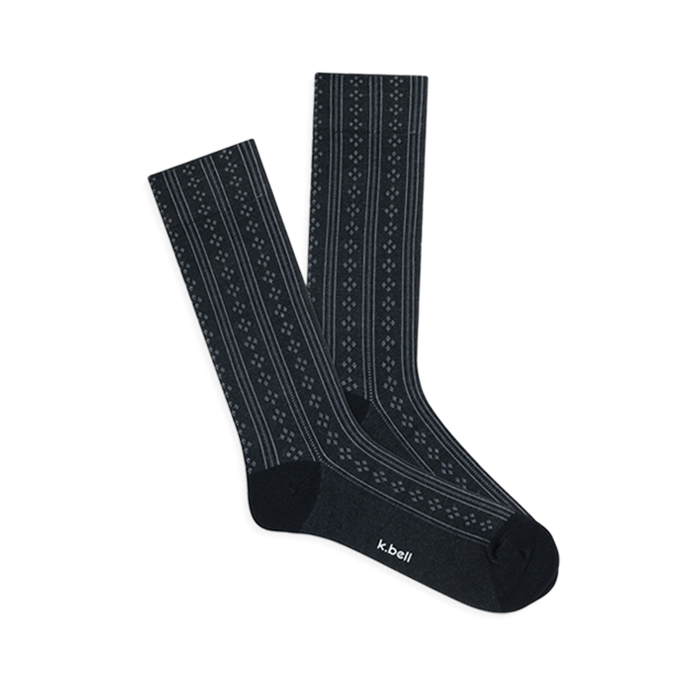 Pair of dark grey crew socks with a vertical pointelle knit pattern, featuring alternating stripes and small openwork diamonds.