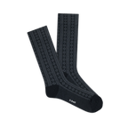 Pair of dark grey crew socks with a vertical pointelle knit pattern, featuring alternating stripes and small openwork diamonds.