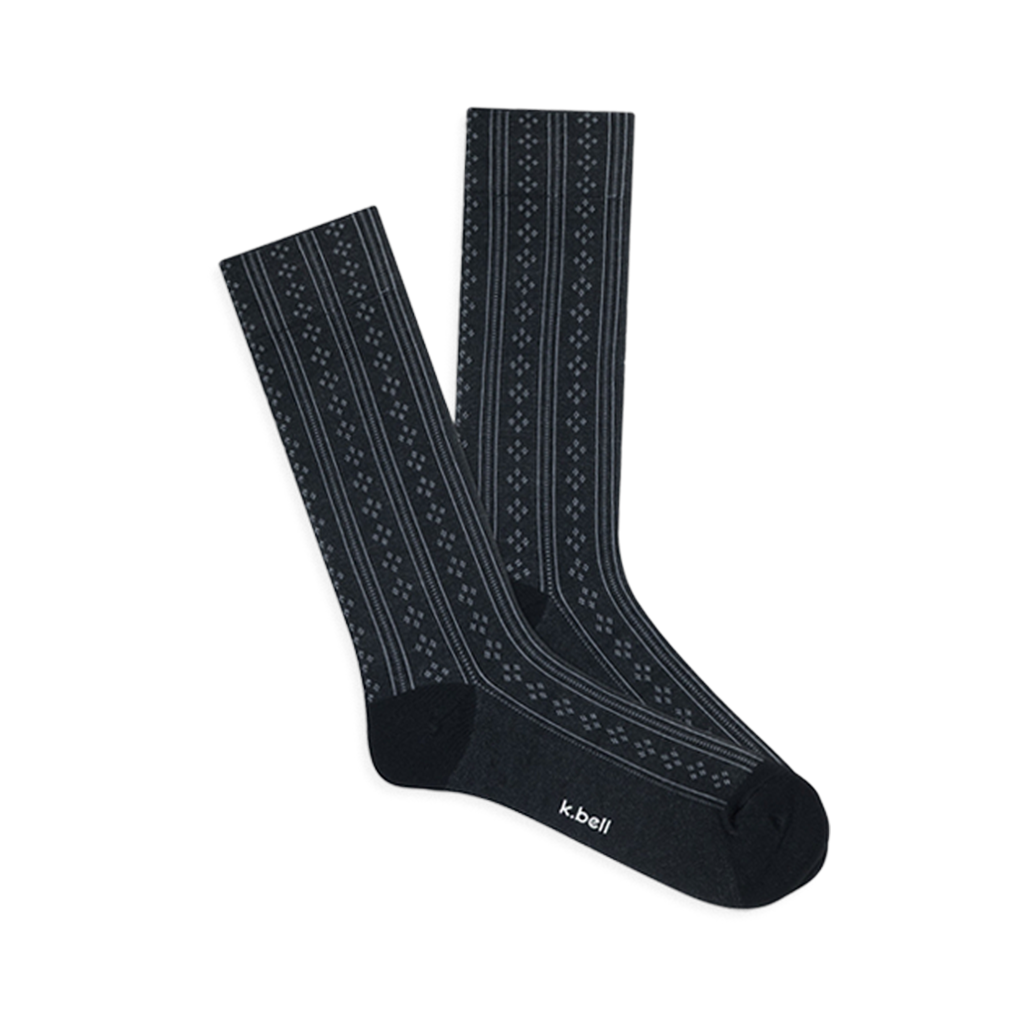 Pair of dark grey crew socks with a vertical pointelle knit pattern, featuring alternating stripes and small openwork diamonds.