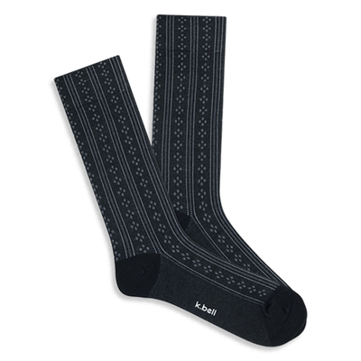 Pair of dark grey crew socks with a vertical pointelle knit pattern, featuring alternating stripes and small openwork diamonds.