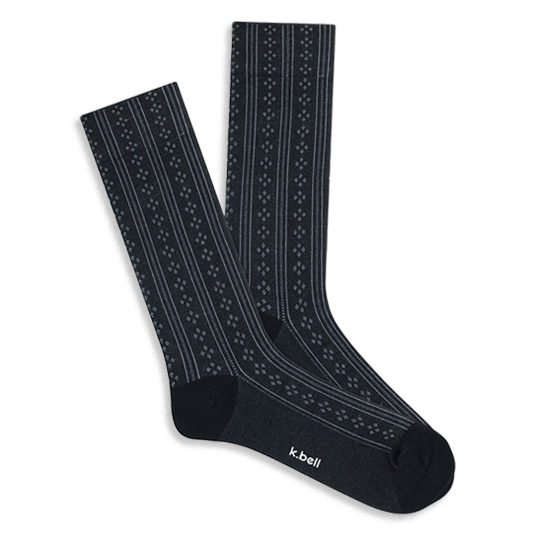 Pair of dark grey crew socks with a vertical pointelle knit pattern, featuring alternating stripes and small openwork diamonds.