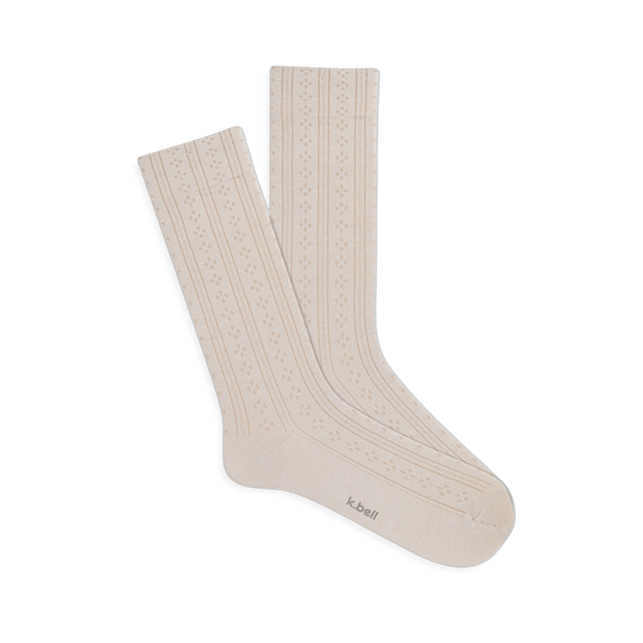 Pair of light cream crew socks with a subtle vertical pointelle knit pattern, featuring narrow stripes and openwork details.