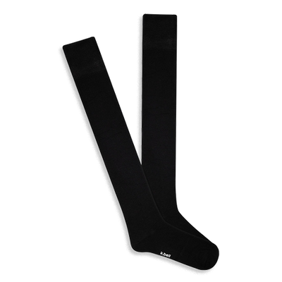 A pair of solid black knee-high socks, laid flat and slightly overlapping, showing the smooth Modal fabric and comfort top.