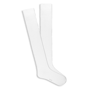 A pair of solid white knee-high socks, laid flat and slightly overlapping, showing the smooth fabric and comfort top.
