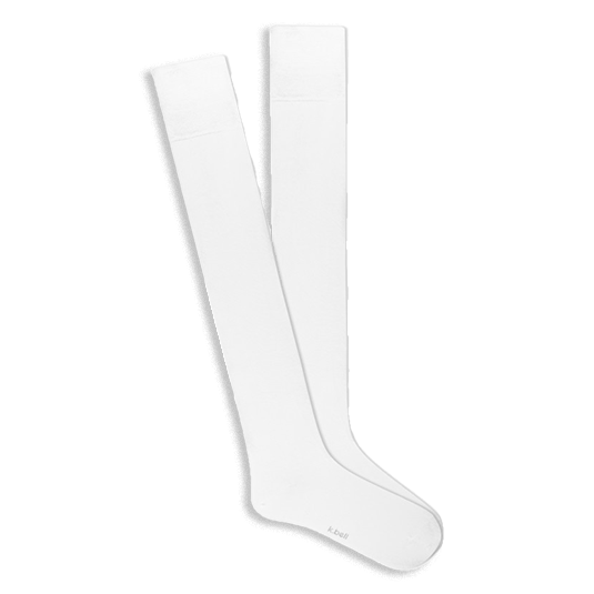 A pair of solid white knee-high socks, laid flat and slightly overlapping, showing the smooth fabric and comfort top.
