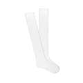 A pair of solid white knee-high socks, laid flat and slightly overlapping, showing the smooth fabric and comfort top.