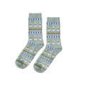 Pair of light grey crew socks with horizontal stripes depicting white coffee cups with steam, brown coffee beans, and blue blocks.
