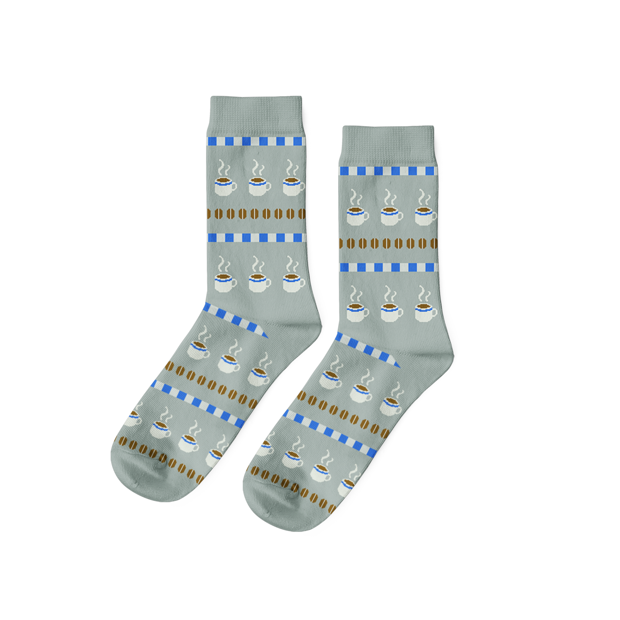 Pair of light grey crew socks with horizontal stripes depicting white coffee cups with steam, brown coffee beans, and blue blocks.