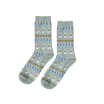 Pair of light grey crew socks with horizontal stripes depicting white coffee cups with steam, brown coffee beans, and blue blocks.