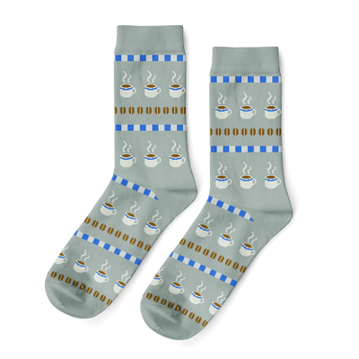 Pair of light grey crew socks with horizontal stripes depicting white coffee cups with steam, brown coffee beans, and blue blocks.