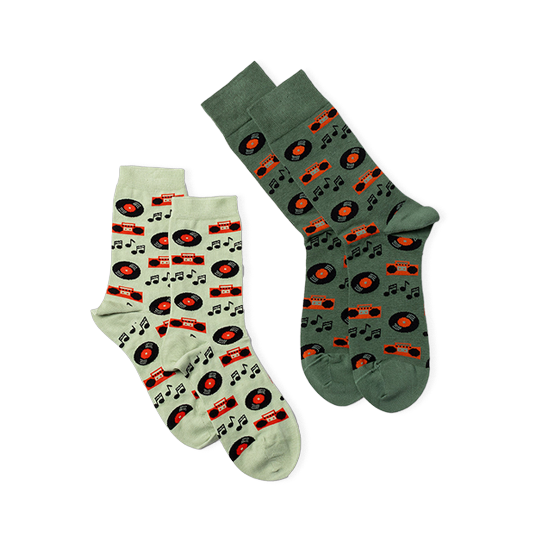 Two pairs of crew socks laid flat. One pair is light green with music patterns, the other is dark green with the same design.