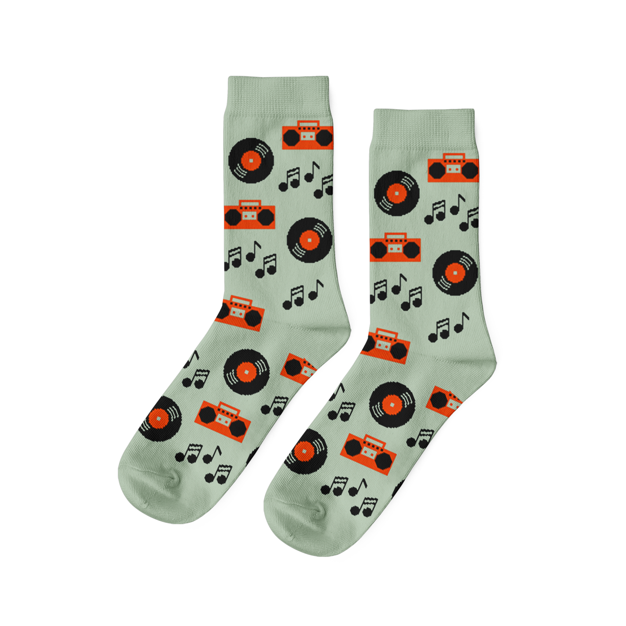 Pair of light green crew socks with a repeating pattern of black vinyl records, orange boomboxes, and black music notes.