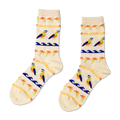 Two crew-length socks, cream background with repeating pattern of blue and orange quail, blue waves, orange flowers, and "CALIFORNIA" text.