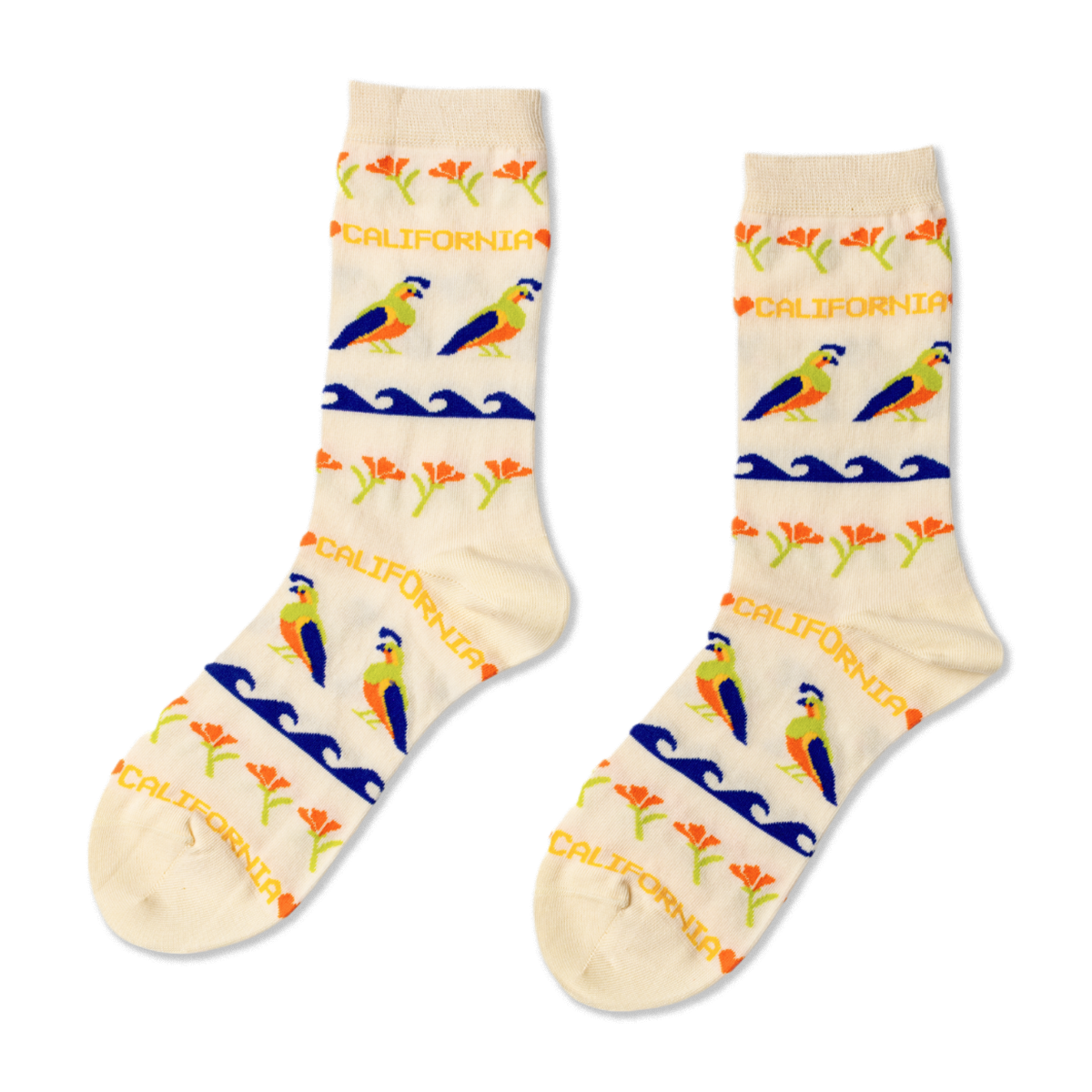 Two crew-length socks, cream background with repeating pattern of blue and orange quail, blue waves, orange flowers, and "CALIFORNIA" text.