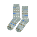 Pair of light grey crew socks with a repeating pattern of steaming coffee cups, brown coffee beans, and blue dashed stripes.