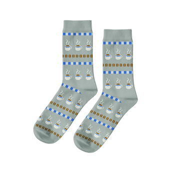 Pair of light grey crew socks with a repeating pattern of steaming coffee cups, brown coffee beans, and blue dashed stripes.