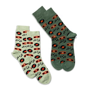 Two pairs of crew socks: one light green and one darker green, both featuring a music record and boombox pattern.