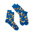 Two blue crew socks with hot dog and pretzel pattern, laid flat and angled on a white surface, one slightly overlapping.