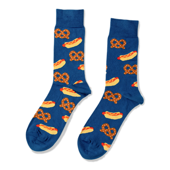 Pair of blue crew socks with a repeating pattern of yellow hot dogs with red sausages and mustard, and brown pretzels.