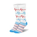 Pair of crew socks with a white background and repeating red and light blue heartbeat print. The cuffs are light blue with thin red stripes.