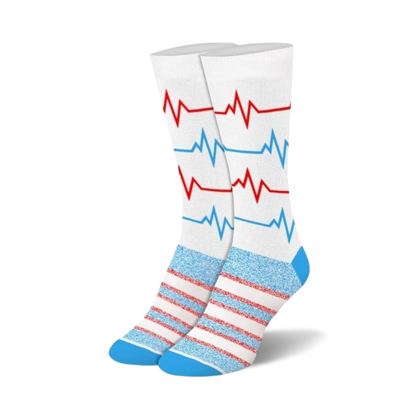 Pair of crew socks with a white background and repeating red and light blue heartbeat print. The cuffs are light blue with thin red stripes.