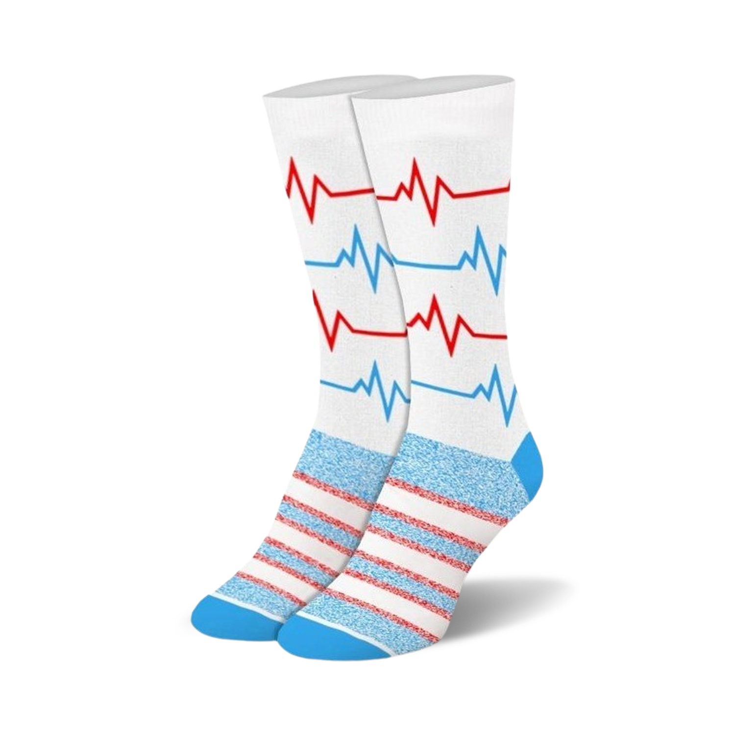 Pair of crew socks with a white background and repeating red and light blue heartbeat print. The cuffs are light blue with thin red stripes.