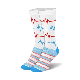 womens red and blue ekg pattern crew socks with red and blue striped cuffs. medical themed.  