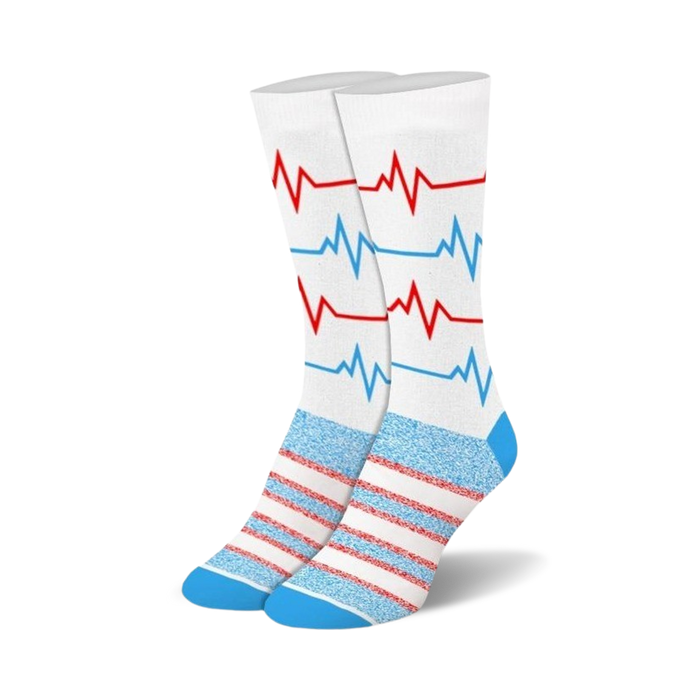 womens red and blue ekg pattern crew socks with red and blue striped cuffs. medical themed.   }}