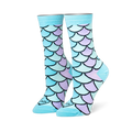 Crew socks featuring a mermaid scale pattern in pastel blue, teal, and lilac with black outlines and solid light blue cuffs.